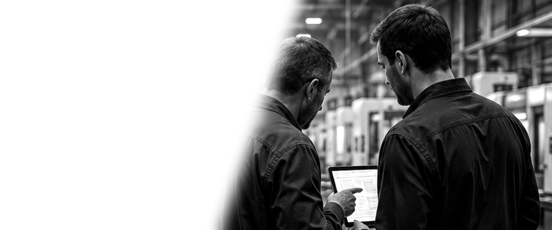 Two leaders on a manufacturing floor reviewing performance data together